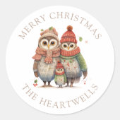 Waterverf uil familie gepersonaliseerd vrolijk ker ronde sticker (Voorkant)