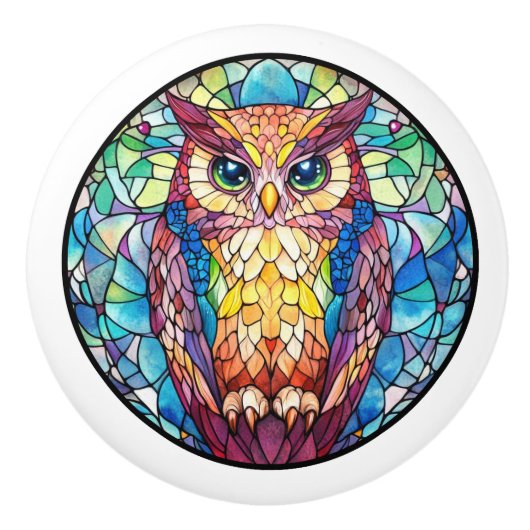 Waterverf Uil Glas in lood Keramische Knop (Voorkant)