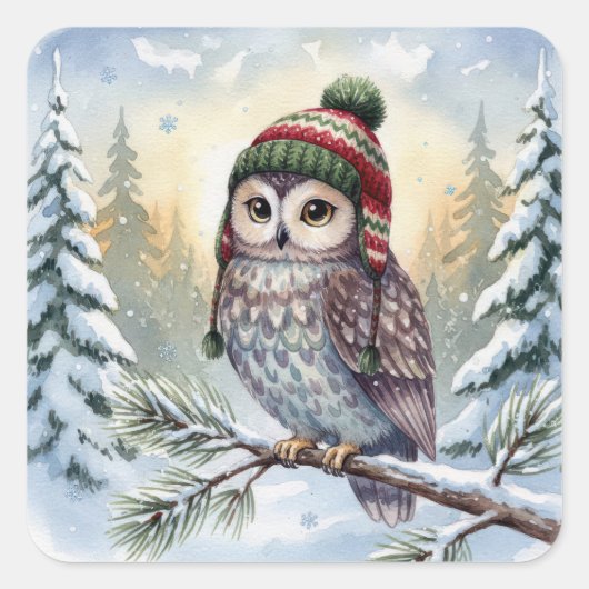 Waterverf Uil In Een Winterhoed Vierkante Sticker (Voorkant)