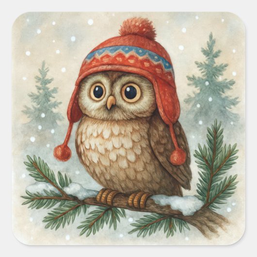 Waterverf Uil In Een Wintermuts Vierkante Sticker (Voorkant)