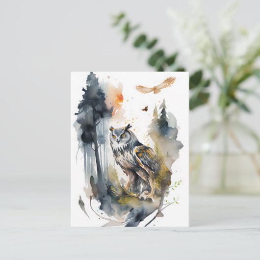 Waterverf uil in het bos briefkaart (Staand voorkant)