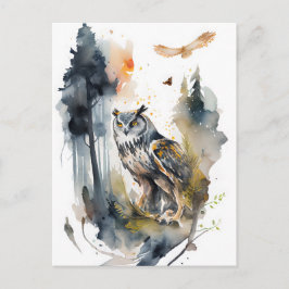 Waterverf Uil in het Bos Briefkaart