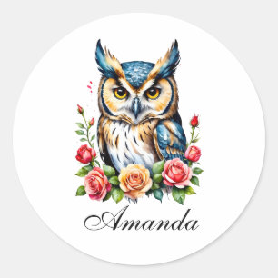 Waterverf uil met bloemen Girly Ronde Sticker