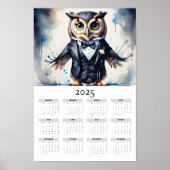 Waterverf uil met een Tuxedo 2025 muurkalender Poster (Voorkant)