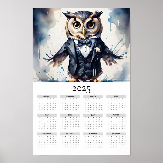 Waterverf uil met een Tuxedo 2025 muurkalender Poster (Voorkant)