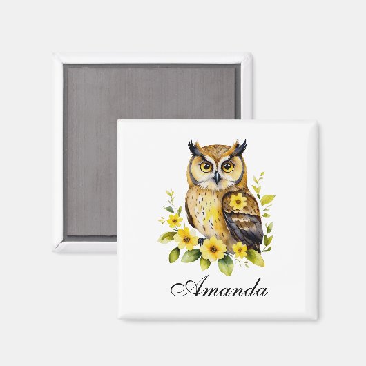 Waterverf uil met gele bloemen magneet (Voorkant / Achterkant)