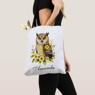 Waterverf uil met gele bloemen tote bag