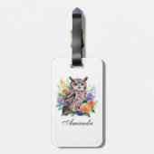 Waterverf uil met kleurrijke bloemen bagagelabel (Achterkant verticaal)