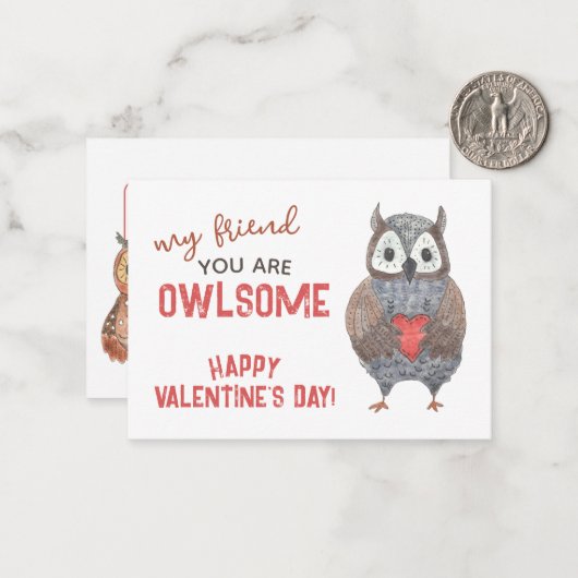 Waterverf Uil Pun Classroom Valentijn Kaart Notitiekaartje (Voorkant / Achterkant in situ)