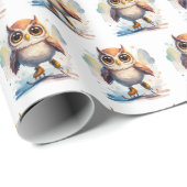 Waterverf uilen schaatsen cadeaupapier (Rol Hoek)