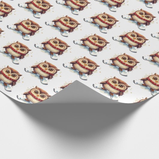 Waterverf uilen skiën op sneeuw cadeaupapier (Hoek)