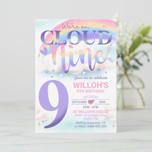 Waterverf Uitnodiging Rainbow Cloud 9 (Staand voorkant)