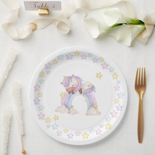 Waterverf unicorn baby shower papieren bordje (Huwelijk)