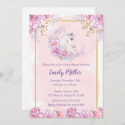 Waterverf Unicorn baby shower-uitnodiging Kaart (Voorkant / Achterkant)