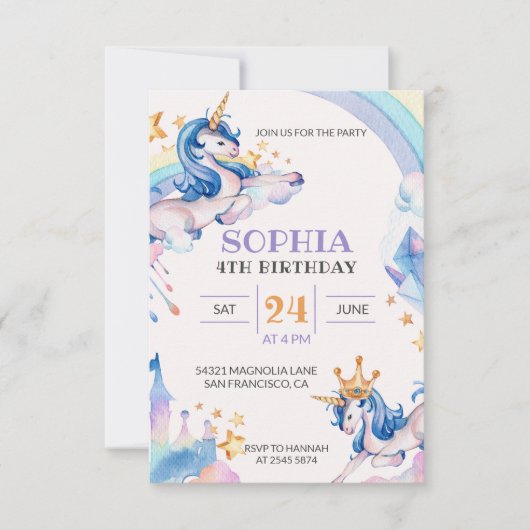 Waterverf Unicorn Birthday Kaart (Voorkant)