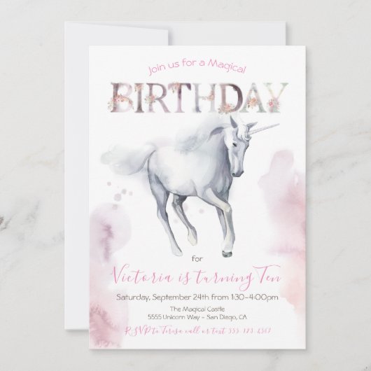 Waterverf Unicorn Birthday Uitnodiging (Voorkant)