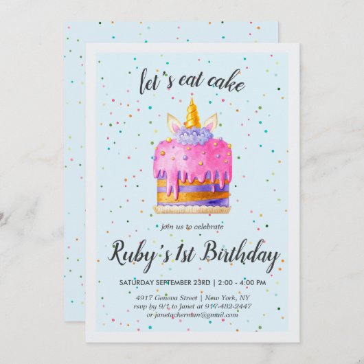 Waterverf Unicorn Cake Birthday (Voorkant / Achterkant)