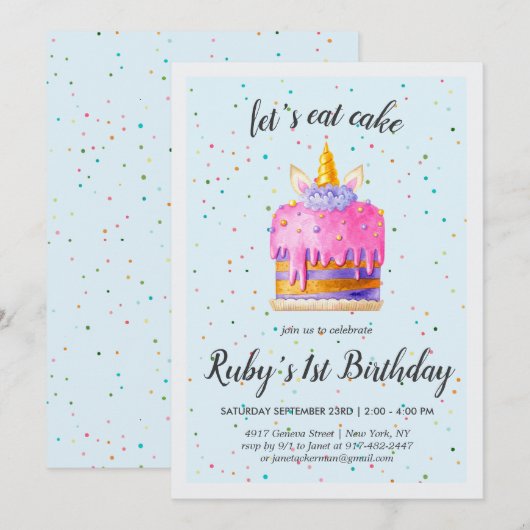 Waterverf Unicorn Cake Birthday Kaart (Voorkant / Achterkant)