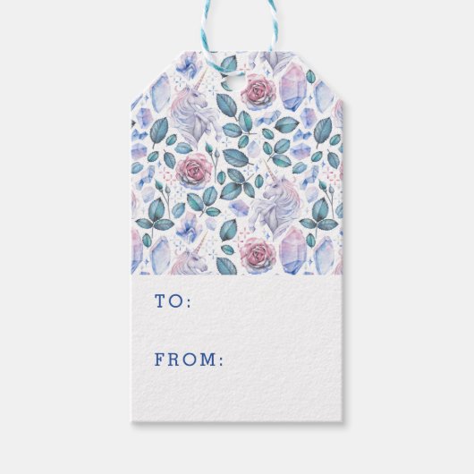 Waterverf Unicorn Crystals & Rozen Patroon Cadeaulabel (Voorkant)