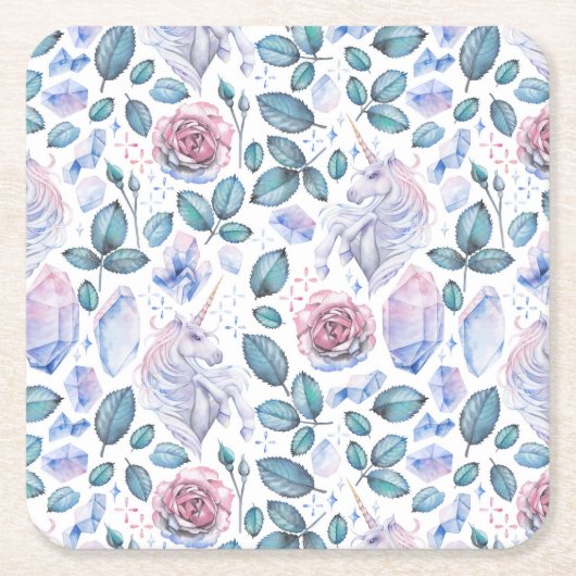 Waterverf Unicorn Crystals & Rozen Patroon Kartonnen Onderzetters (Voorkant)