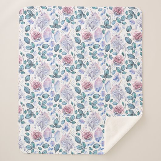 Waterverf Unicorn Crystals & Rozen Patroon Sherpa Deken (Voorkant)