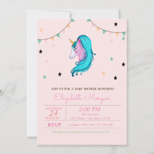 Waterverf Unicorn, de Uitnodiging van het Baby sho (Voorkant)
