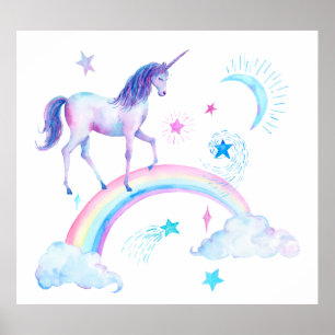 Waterverf Unicorn en regenboog Poster