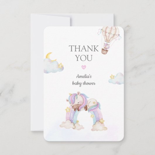 Waterverf Unicorn en regenboogBaby shower Dank Bedankkaart (Voorkant)