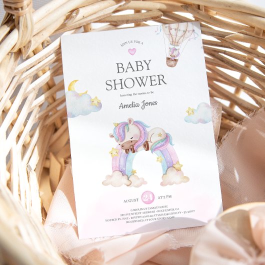 Waterverf Unicorn en Regenboogvisserij Baby shower Kaart