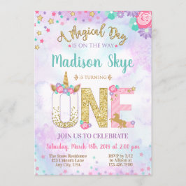 Waterverf Unicorn First Birthday Uitnodiging