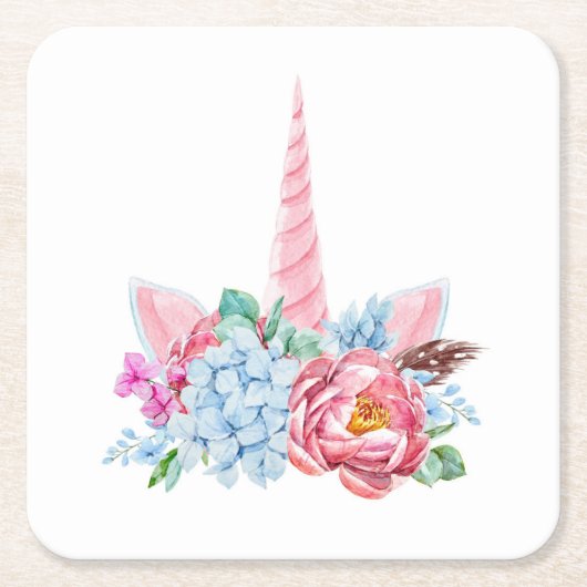 Waterverf Unicorn Floral Crown Kartonnen Onderzetters (Voorkant)
