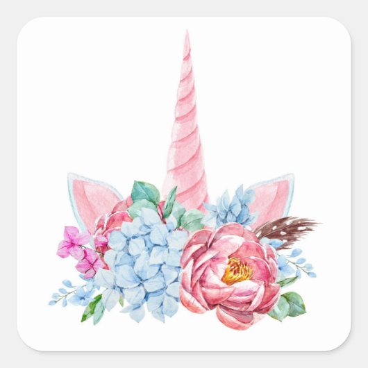 Waterverf Unicorn Floral Vierkante Sticker (Voorkant)