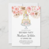Waterverf Unicorn Girl First Birthday Invitation Kaart (Voorkant)