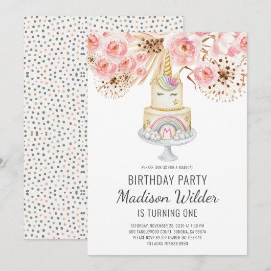 Waterverf Unicorn Girl First Birthday Invitation Kaart (Voorkant / Achterkant)