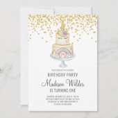 Waterverf Unicorn Girl Glitter First Birthday Kaart (Voorkant)