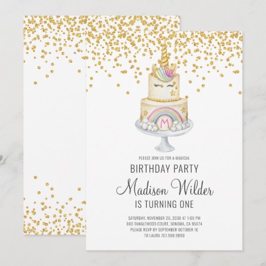 Waterverf Unicorn Girl Glitter First Birthday Kaart (Voorkant / Achterkant)