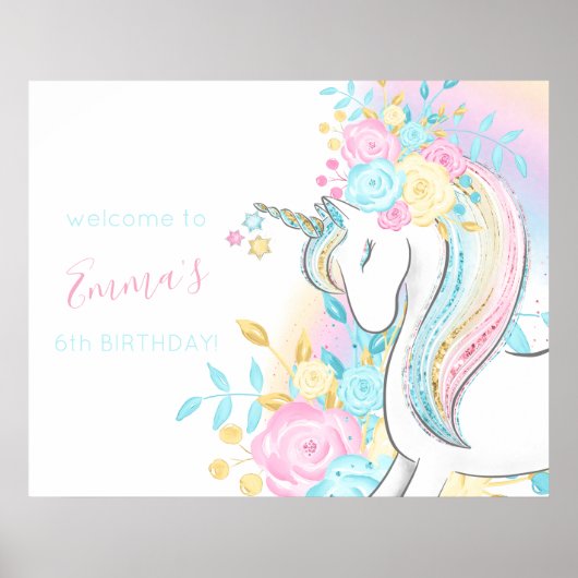 Waterverf Unicorn Girl's Birthday Welcome Sign Poster (Voorkant)