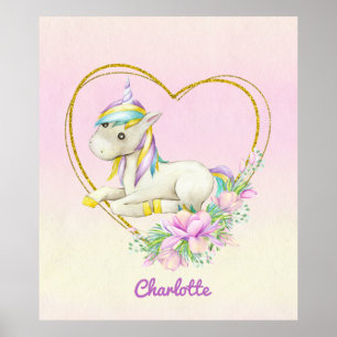 Waterverf Unicorn Heart Flowers Poster