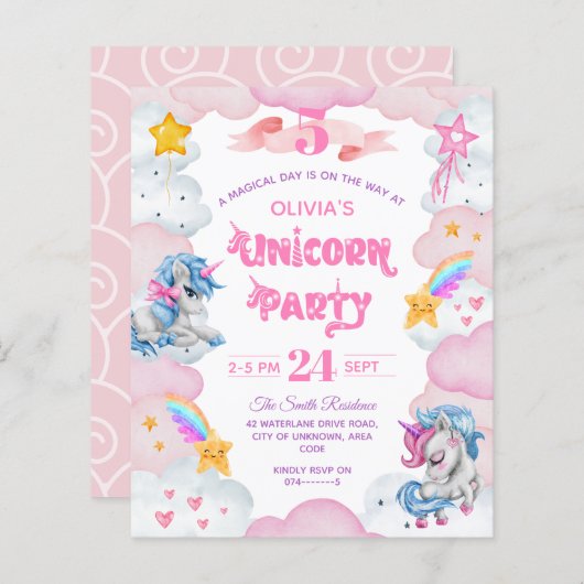 Waterverf Unicorn Kind Birthday Uitnodiging (Voorkant / Achterkant)