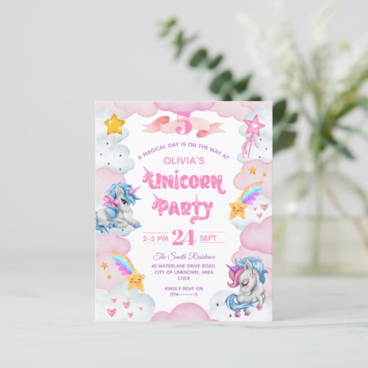 Waterverf Unicorn Kind Birthday Uitnodiging (Staand voorkant)