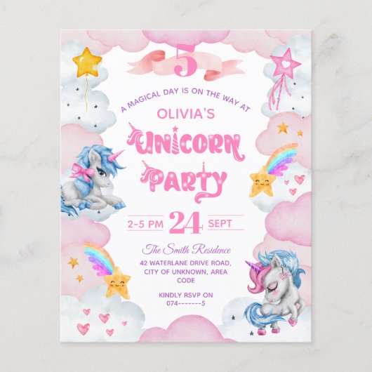Waterverf Unicorn Kind Birthday Uitnodiging (Voorkant)