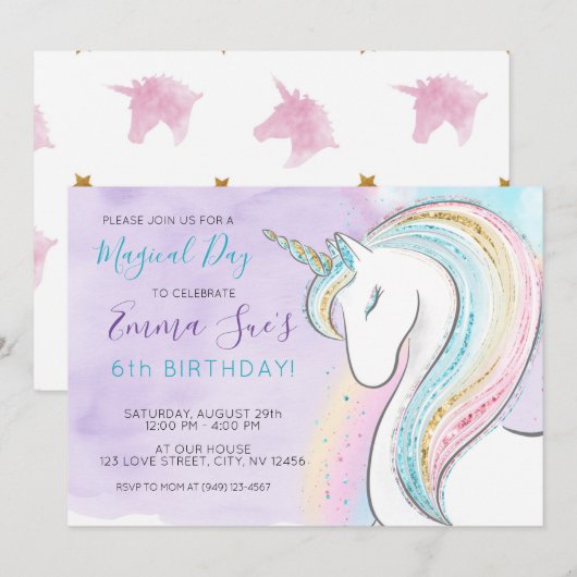 Waterverf Unicorn Magical Day Girl's Birthday Kaart (Voorkant / Achterkant)