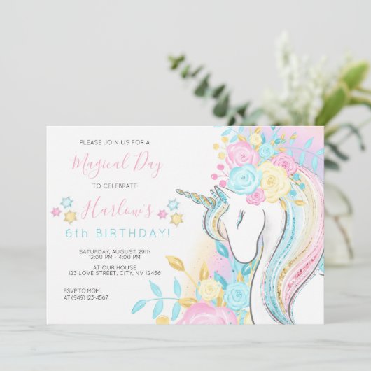 Waterverf Unicorn Magical Day Girl's Birthday Kaart (Staand voorkant)