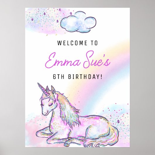 Waterverf Unicorn Magical Day Girl's Birthday Poster (Voorkant)