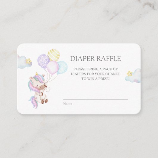 Waterverf Unicorn met Baloons Diaper Raffle E Informatiekaartje (Voorkant)