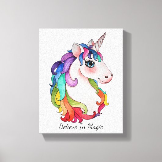 Waterverf Unicorn met regenbooghaar Canvas Afdruk (Voorkant)