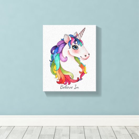 Waterverf Unicorn met regenbooghaar Canvas Afdruk (Insitu (Houten vloer))