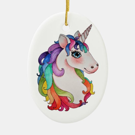 Waterverf Unicorn met regenbooghaar Keramisch Ornament (Voorkant)