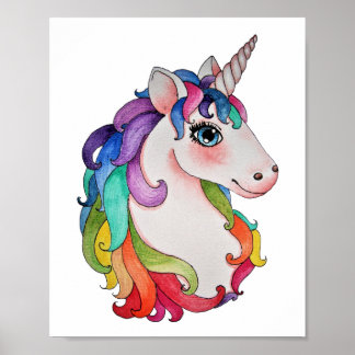 Waterverf Unicorn met regenbooghaar Poster