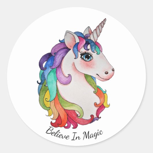 Waterverf Unicorn met regenbooghaar Ronde Sticker (Voorkant)